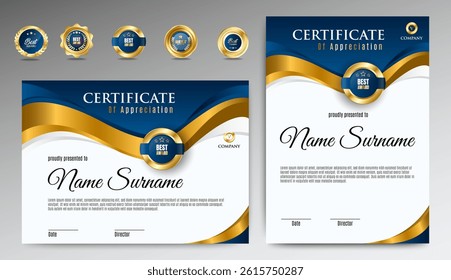 Certificate of appreciation template, gold and blue color. Clean modern certificate with gold badge. Certificate border template with luxury and modern line pattern. Diploma vector template