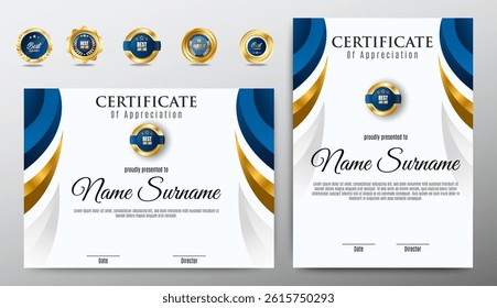 Certificate of appreciation template, gold and blue color. Clean modern certificate with gold badge. Certificate border template with luxury and modern line pattern. Diploma vector template