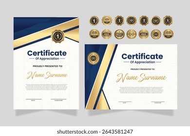 Certificate of appreciation template, gold and blue color. Clean modern certificate with gold badge. Certificate border template with luxury and modern line pattern