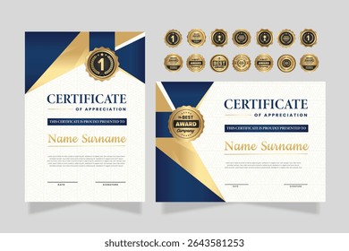 Modelo do certificado de apreciação, cor dourada e azul. Certificado moderno limpo com distintivo de ouro. Modelo de borda de certificado com luxo e padrão de linha moderno