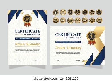 Modelo do certificado de apreciação, cor dourada e azul. Certificado moderno limpo com distintivo de ouro. Modelo de borda de certificado com luxo e padrão de linha moderno