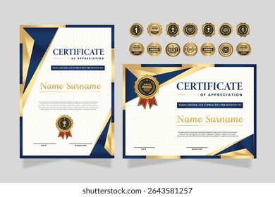 Certificate of appreciation template, gold and blue color. Clean modern certificate with gold badge. Certificate border template with luxury and modern line pattern