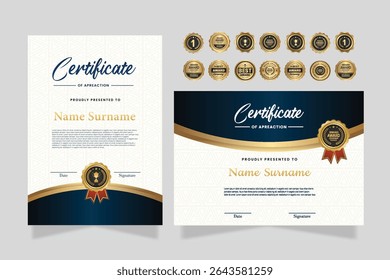 Certificado de Plantilla de apreciación, color dorado y azul. Certificado moderno limpio con insignia de oro. Certificado de Plantilla de borde con patrón de línea lujoso y moderno