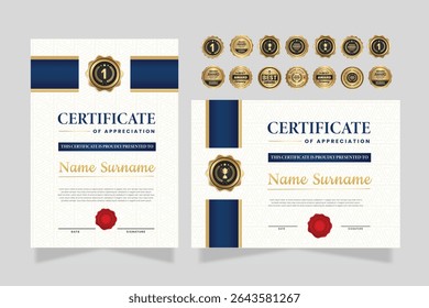 Certificado de Plantilla de apreciación, color dorado y azul. Certificado moderno limpio con insignia de oro. Certificado de Plantilla de borde con patrón de línea lujoso y moderno