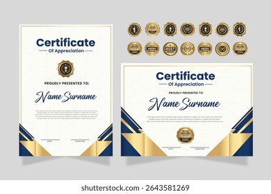 Certificate of appreciation template, gold and blue color. Clean modern certificate with gold badge. Certificate border template with luxury and modern line pattern