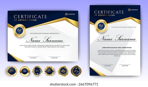 Certificado de Plantilla de apreciación, color dorado y azul. Certificado moderno limpio con insignia de oro. Certificado de Plantilla de borde con patrón de línea lujoso y moderno. Diploma Vector Plantilla