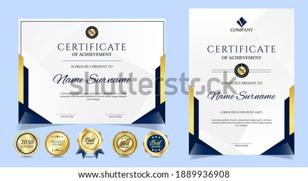 Certificate of appreciation template, gold and blue color. Clean modern certificate with gold badge. Certificate border template with luxury and modern line pattern. Diploma vector template