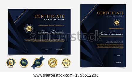 Certificate of appreciation template, gold and blue color. Clean modern certificate with gold badge. Certificate border template with luxury and modern line pattern. Diploma vector template