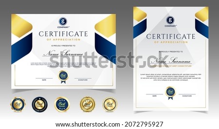 Certificate of appreciation template, gold and blue color. Clean modern certificate with gold badge. Certificate border template with luxury and modern line pattern. Diploma vector template
