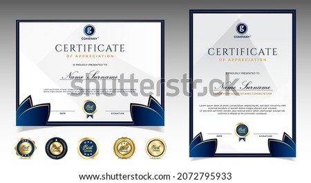 Certificate of appreciation template, gold and blue color. Clean modern certificate with gold badge. Certificate border template with luxury and modern line pattern. Diploma vector template