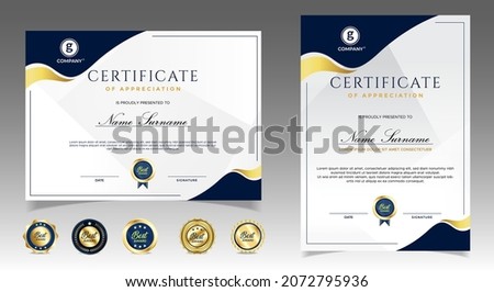 Certificate of appreciation template, gold and blue color. Clean modern certificate with gold badge. Certificate border template with luxury and modern line pattern. Diploma vector template