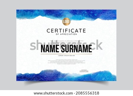 Certificate of appreciation template, gold and blue color. Clean modern certificate with gold badge. Certificate border template with luxury and modern line pattern. Diploma vector template
