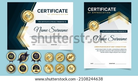 Certificate of appreciation template, gold and blue color. Clean modern certificate with gold badge. Certificate border template with luxury and modern line pattern. Diploma vector template