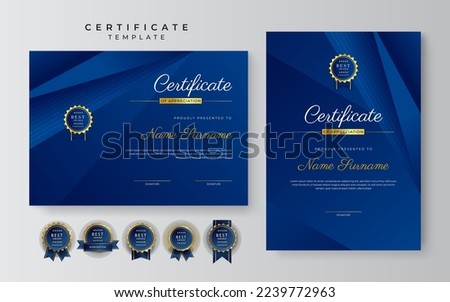 Certificate of appreciation template, gold and blue color. Clean modern certificate with gold badge. Certificate border template with luxury and modern line pattern. Diploma vector template