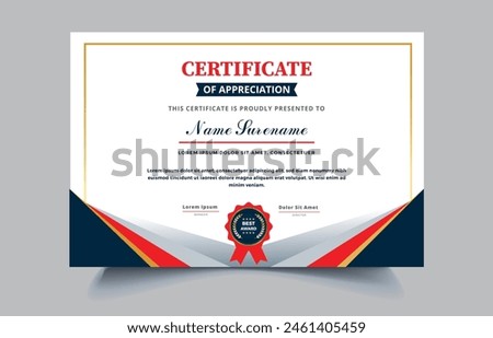 Certificate of appreciation template, gold, blue and red color. Clean modern certificate with gold badge, Diploma vector template EPS10