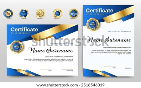 Certificate of appreciation template, gold and blue color. Clean modern certificate with gold badge. Certificate border template with luxury and modern line pattern. Diploma vector template