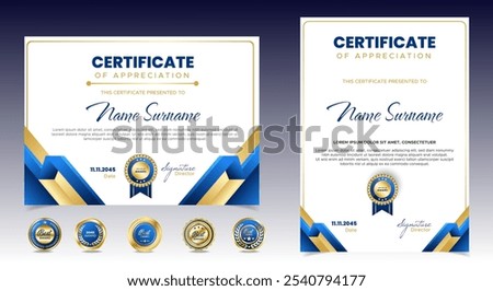Certificate of appreciation template, gold and blue color. Clean modern certificate with gold badge. Certificate border template with luxury and modern line pattern. Diploma vector template