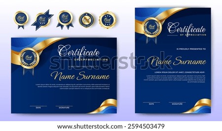 Certificate of appreciation template, gold and blue color. Clean modern certificate with gold badge. Certificate border template with luxury and modern line pattern. Diploma vector template.