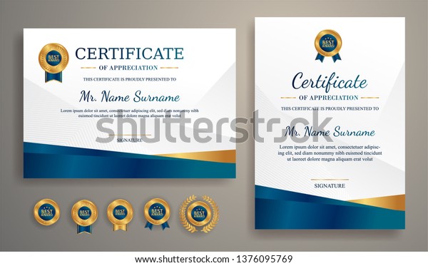 Certificate of appreciation template, gold and\
blue color. Clean modern certificate with gold badge. Certificate\
border template with luxury and modern line pattern. Diploma vector\
template