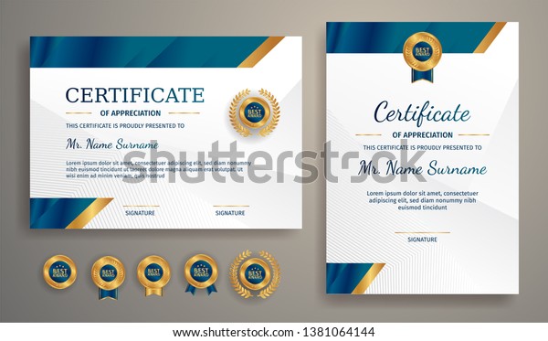 Certificate Appreciation Template Gold Blue Color Stock Vector (Royalty ...