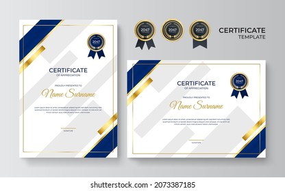 Certificate of appreciation template, gold and dark blue color. Clean modern certificate with gold badge. Certificate border template with luxury and modern line pattern. Diploma vector template