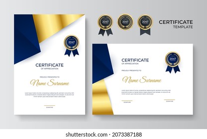 Certificate of appreciation template, gold and dark blue color. Clean modern certificate with gold badge. Certificate border template with luxury and modern line pattern. Diploma vector template