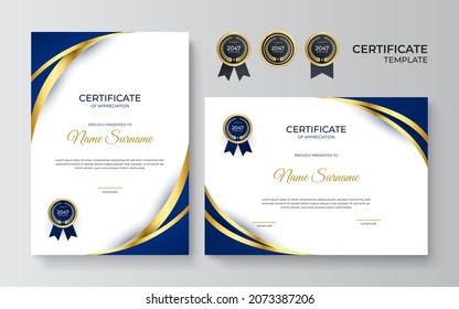 Certificate of appreciation template, gold and dark blue color. Clean modern certificate with gold badge. Certificate border template with luxury and modern line pattern. Diploma vector template