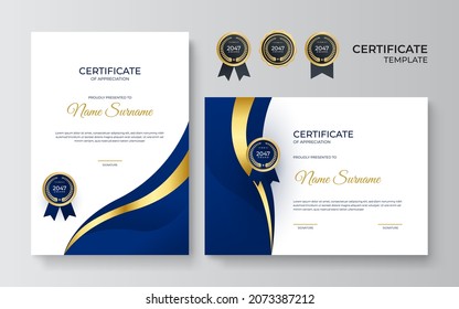 Certificate of appreciation template, gold and dark blue color. Clean modern certificate with gold badge. Certificate border template with luxury and modern line pattern. Diploma vector template