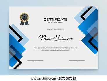 Certificate of appreciation template, gold and dark blue color. Clean modern certificate with gold badge. Certificate border template with luxury and modern line pattern. Diploma vector template