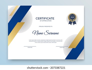 Certificate of appreciation template, gold and dark blue color. Clean modern certificate with gold badge. Certificate border template with luxury and modern line pattern. Diploma vector template