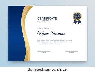 Certificate of appreciation template, gold and dark blue color. Clean modern certificate with gold badge. Certificate border template with luxury and modern line pattern. Diploma vector template