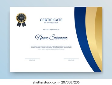 Certificate of appreciation template, gold and dark blue color. Clean modern certificate with gold badge. Certificate border template with luxury and modern line pattern. Diploma vector template