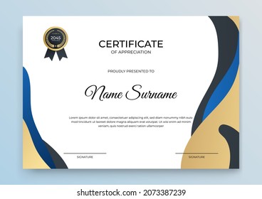 Certificate of appreciation template, gold and dark blue color. Clean modern certificate with gold badge. Certificate border template with luxury and modern line pattern. Diploma vector template