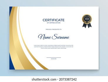Certificate of appreciation template, gold and dark blue color. Clean modern certificate with gold badge. Certificate border template with luxury and modern line pattern. Diploma vector template