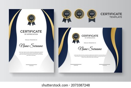 Certificate of appreciation template, gold and dark blue color. Clean modern certificate with gold badge. Certificate border template with luxury and modern line pattern. Diploma vector template