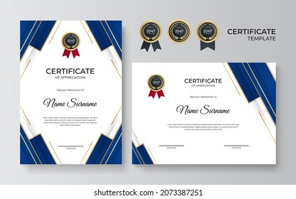 Certificate of appreciation template, gold and dark blue color. Clean modern certificate with gold badge. Certificate border template with luxury and modern line pattern. Diploma vector template