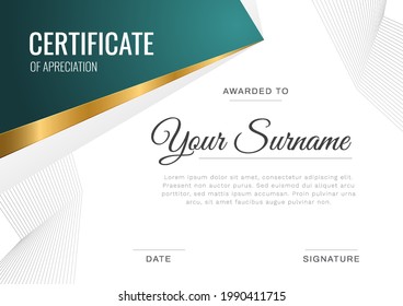 Certificate of appreciation template, gold and gradient tail color. Clean modern certificate border template with luxury and modern line pattern. Diploma vector template