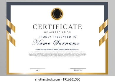 Certificate of appreciation template, gold and Gray color. Clean modern certificate with gold badge. Certificate border template with luxury and modern line pattern.