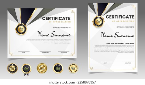 Certificate of appreciation template, gold and gray color. Clean modern certificate with gold badge. Certificate border template with luxury and modern line pattern. Diploma vector template.