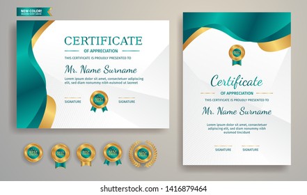 Certificate of appreciation template. Gold and green border with luxury and modern line pattern