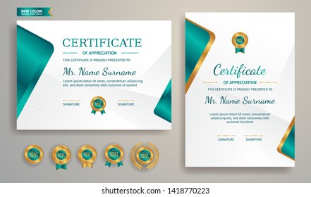 Certificate of appreciation template. Gold and green border with luxury and modern line pattern