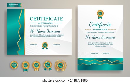 Certificate of appreciation template. Gold and green border with luxury and modern line pattern