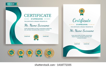 Certificate of appreciation template. Gold and green border with luxury and modern line pattern