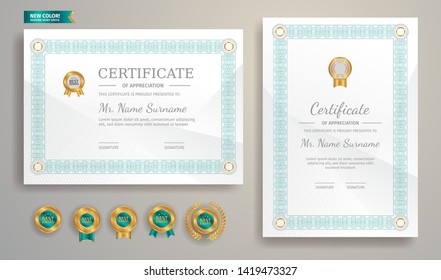 Certificate of appreciation template. Gold and green border with luxury and modern line pattern