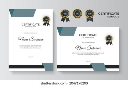 Certificate of appreciation template, gold and green color. Clean modern certificate with gold badge. Certificate border template with luxury and modern line pattern. Diploma vector template