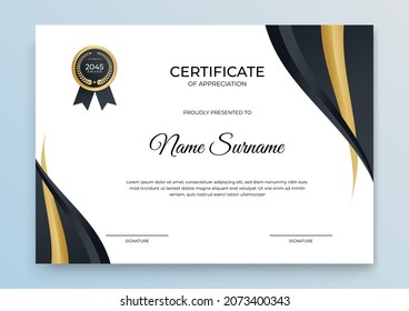 Certificate of appreciation template, gold and grey black color. Clean modern certificate with gold badge. Certificate border background with luxury and modern line pattern. Diploma vector template