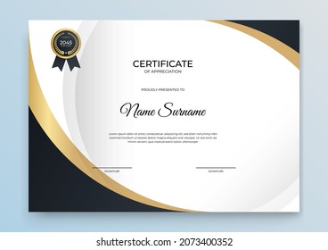 Certificate of appreciation template, gold and grey black color. Clean modern certificate with gold badge. Certificate border background with luxury and modern line pattern. Diploma vector template