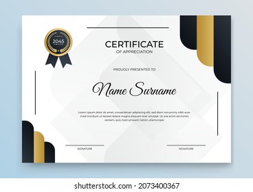 Certificate of appreciation template, gold and grey black color. Clean modern certificate with gold badge. Certificate border background with luxury and modern line pattern. Diploma vector template