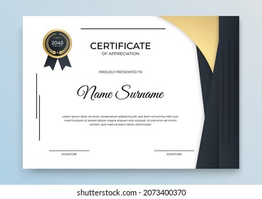 Certificate of appreciation template, gold and grey black color. Clean modern certificate with gold badge. Certificate border background with luxury and modern line pattern. Diploma vector template