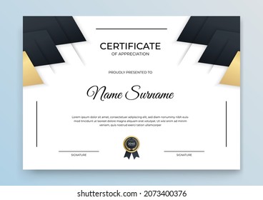 Certificate of appreciation template, gold and grey black color. Clean modern certificate with gold badge. Certificate border background with luxury and modern line pattern. Diploma vector template